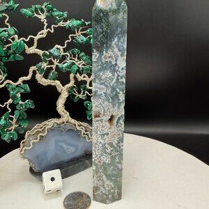 Natural Moss Agate Crystal Tower Large 7.25" Green Druzy Point Grounding 1